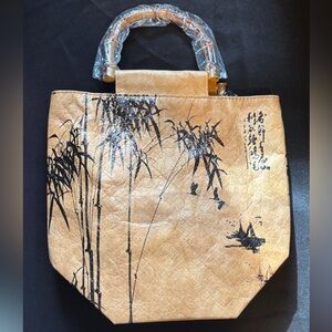 Tan Bamboo Print Women's Bag plastic handles